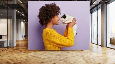 Sideways shot of cheerful Afro American woman plays with sweety black and white french bulldog puppy, touch small nose, likes animals, has playful mood, wears casual yellow jumper. Beloved pet Wall mural