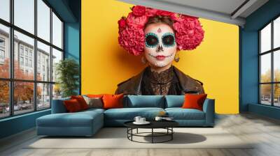 Traditional holiday in November. Female with sugar skull drawn with smile, wears flower wreath, dressed in black clothes, remembers death of ancestors, visits cemetery. Reuniting of living and dead Wall mural