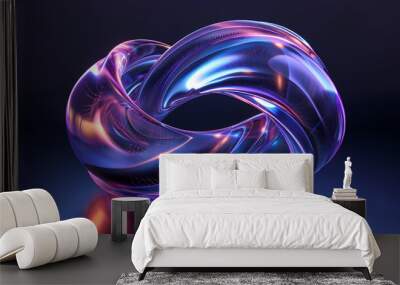 3d render abstract liquid fluid chrome metal glossy blue shape figure on black background isolated. Holographic bubble eternity infinity wave background. Modern y2k cyber retro futuristic background Wall mural