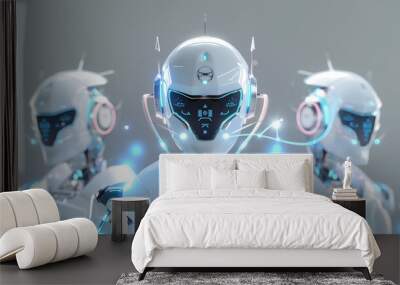 3d render futuristic cyber human robot from chrome metal material. Friendly Assistant AI Artificial Intelligence IT cyborg in headphones. Music disco background	
 Wall mural