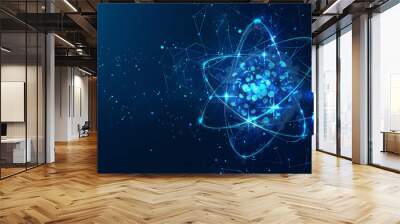 Presentation science astrology technology background with space for text. Molecular atom glowing blue - chemistry concept. Dark space cosmos  Wall mural