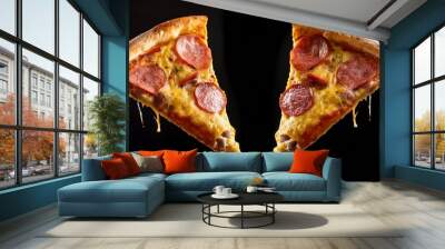 flying food two pizza slices with cheese and sausages in levitation on black background ai generative Wall mural