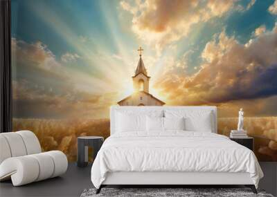 heaven god holy church bethlehem illustration landscape art pathway heaven artwork paradise sun light jesus divine nature background sky clouds gateway to heaven faith religion dream christmas easter Wall mural