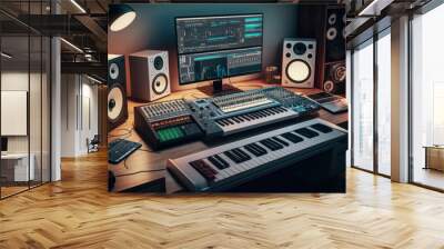 home music studio with wooden desk and monitor speakers, midi keyboards and interfaces, created with generative ai tools Wall mural