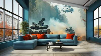 Military Tanks and Helicopter Performing Forest Maneuver with Smoke Wall mural