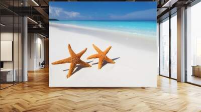 two starfish resting on a pristine white sandy beach with crystal clear turquoise waters under a bright blue sky Wall mural