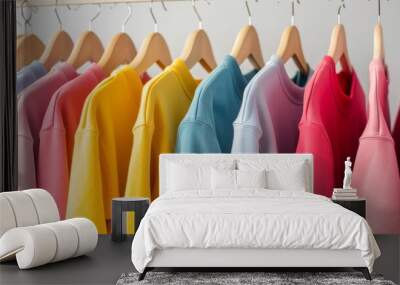 Close-up collection of t-shirts hanging on a hanger or clothes rack on a white background. Wall mural