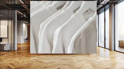 Close-up collection of t-shirts hanging on a hanger or clothes rack on a white background. Wall mural