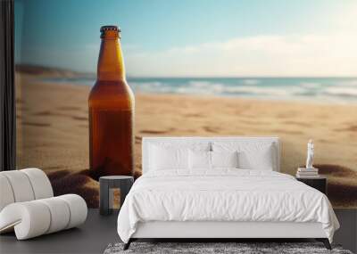 Cold Beer Bottle in Sand on a Beach Wall mural