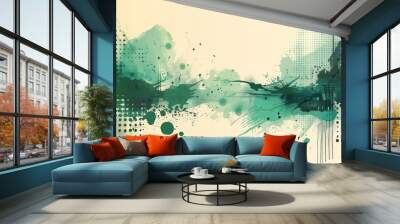 Emerald Echoes A symphony of emerald and teal watercolor splashes and halftone patterns dance across a vintage canvas, evoking a sense of abstract energy and artistic expression.  Wall mural