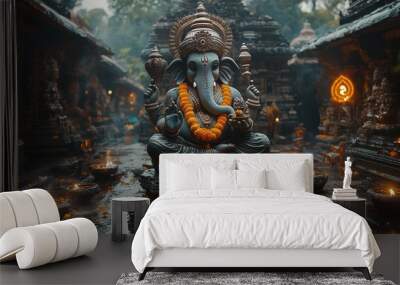 Ganesha Statue in Temple with Burning Oil Lamps and Flowers Wall mural