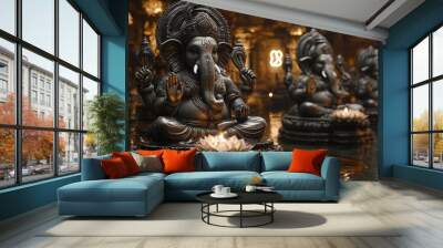 Ganesha Statue with Candle and Water Reflection Wall mural