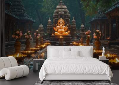 Golden Ganesha Statue in a Hindu Temple with Lit Candles Wall mural