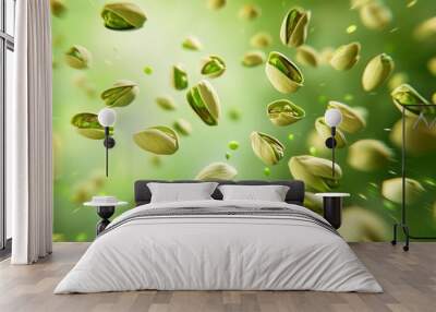 Green Pistachio Nuts Falling on Green Background Wall mural