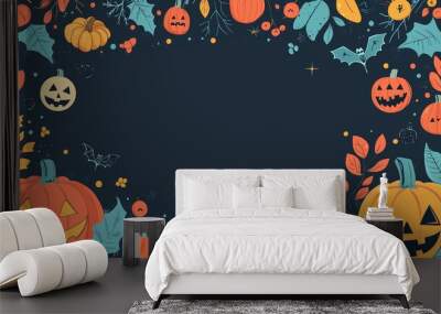 Halloween Background With Jack O Lantern Pumpkins and Autumn Leaves Wall mural