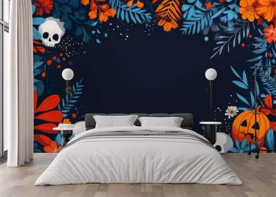 Halloween Floral Frame with Skulls and Pumpkin Wall mural