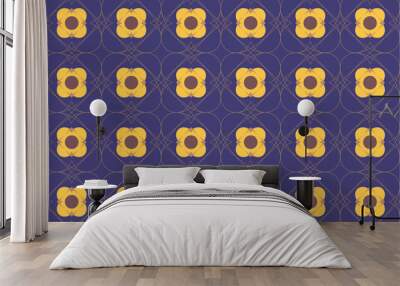 Retro Floral Harmony: A seamless pattern of stylized yellow flowers encircled in a delicate dance of purple, evoking a sense of vintage charm and geometric elegance.  Wall mural