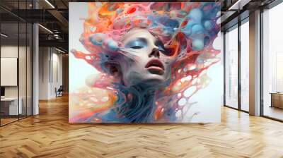 3D illustration of a beautiful woman with blue and orange hair. Wall mural