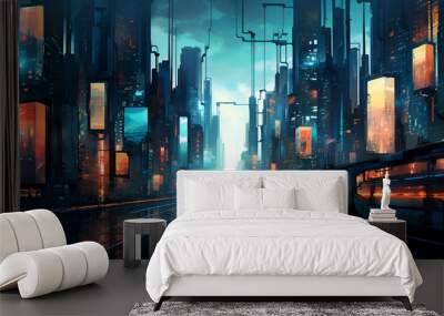 3d illustration of modern city at night. 3d rendering. Wall mural