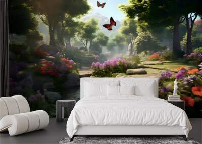 3D render of a beautiful garden with flowers and butterfly in the morning Wall mural