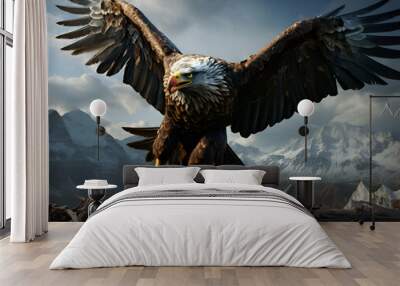 3D rendering of a bald eagle flying in the sky with mountains in the background Wall mural