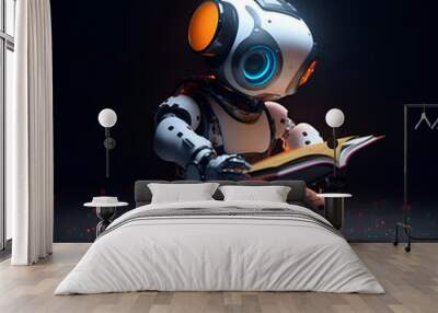 3D rendering of a little robot reading a book on black background Wall mural