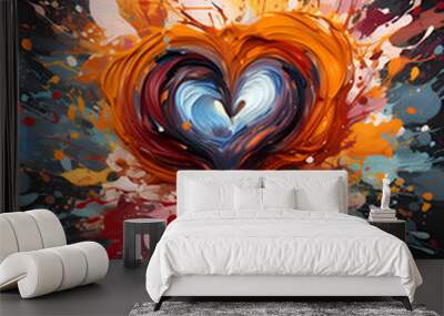 abstract heart with colorful splashes and blots on black background Wall mural