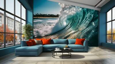 Beautiful wave with splashes on the beach at sunset time. Wall mural