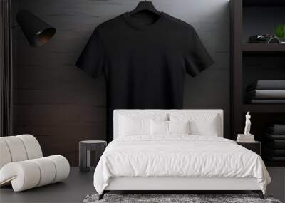 Black t-shirt on hanger in dark room. 3d render Wall mural