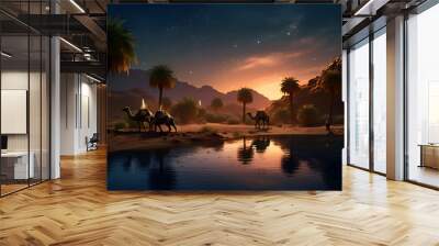 Camel caravan in desert at night.  3d  render illustration. Wall mural