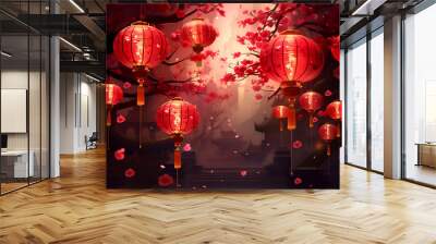 Chinese New Year background with lanterns and blooming sakura. Wall mural