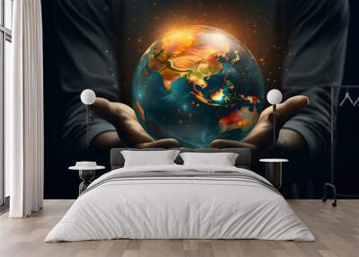 Close up of businessman holding Earth planet in hands. Wall mural