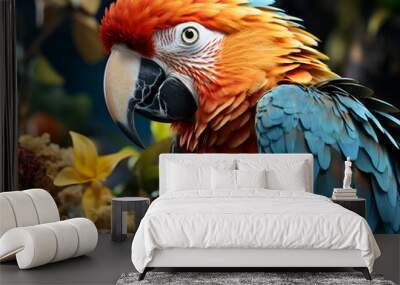 Colorful macaw parrot sitting on a branch with tropical flowers Wall mural