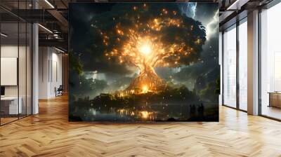 Fantasy landscape with big tree in the forest. 3d rendering Wall mural