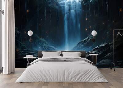 Fantasy waterfall in a dark cave. 3d render illustration. Wall mural