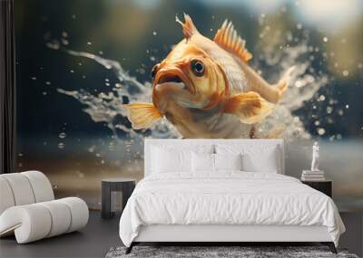 goldfish jumping out of water with splashes of water on background Wall mural