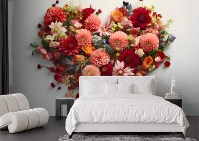 Heart shape made of flowers on white background. valentines day concept Wall mural