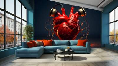 Human heart with headphones. 3d illustration on a dark background. Wall mural