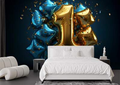 Number 1 gold and blue balloon with confetti. 3D Render Wall mural