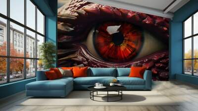 Red dragon eye close up. Halloween concept. 3D Rendering Wall mural