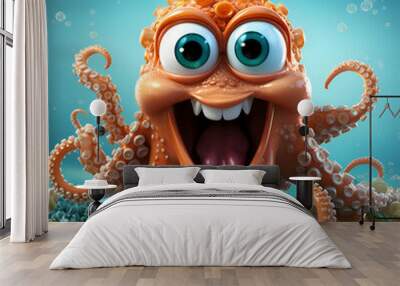 Surprised cartoon octopus on a blue background. 3d illustration Wall mural