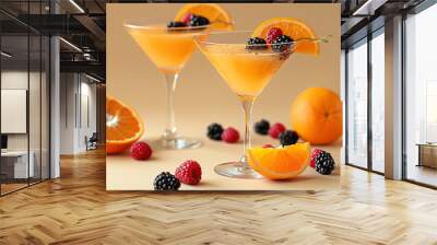  glasses of orange juice, each garnished with a slice of orange and a blackberry. Wall mural