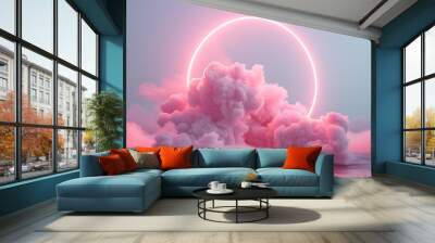 3D illustration of a glow pink circle in the sky with clouds and water Wall mural