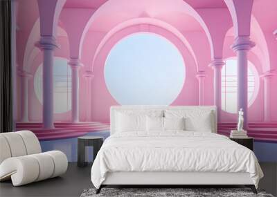 3d render of an empty huge luxury pink hall with arches and columns. minimal architecture style Wall mural