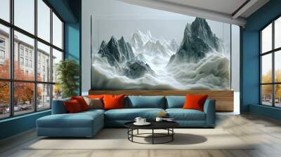 a 3D mountain model with a black base, set on a wooden stand inside a glass tank Wall mural