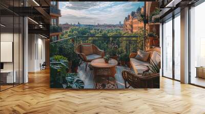 a cozy balcony with chairs and potted plants. The balcony is located in an apartment building and offers a view of the street. Wall mural