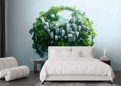 A globe with a forest in the middle and a city emerging from the green. Wind turbines are blowing around the globe. Wall mural