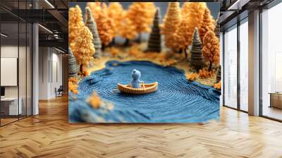 a small knit man in a tiny boat on a river, surrounded by orange trees. The background is a gradient of orange and yellow,  Wall mural