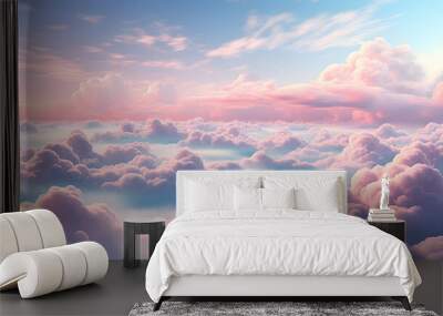 Beautiful aerial view above clouds at sunset, Beautiful cloudscape with blue sky and pink clouds. 3d illustration. Generated AI Wall mural