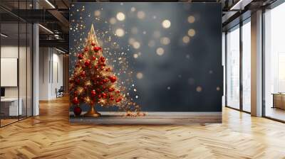 Christmas background with gift set and decoration, red and gold tone on wooden table, copy space for mock up Wall mural